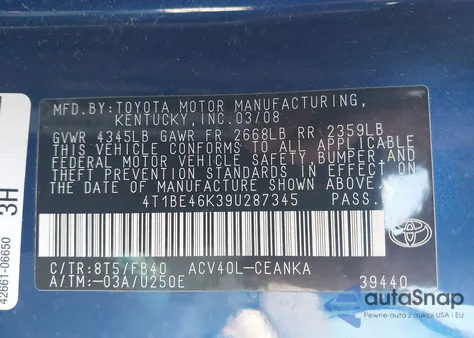 2009 Toyota Camry z USA, uszkodzony, nr VIN 4T1BE46K39U287345